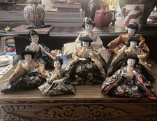 Set of 8 Vintage Amazing Hina Japanese Dolls Seated Figures gold jacquard picture