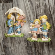 Vintage Dart Homco Set Of 2 Springtime Kids Resin Wall Art 1977 Pastel Boy Girl picture