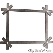 Antique folk art  Wood Picture Frame Geometric Cross Corner White Button Detail picture