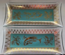 Vintage Mid-Century Modern Serving Plates Lox & Cheese Trays Gold Turquoise EUC picture