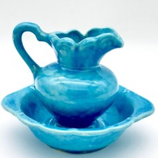 VTG Gilmer Potteries 906 Mini Pitcher and Wash Basin Blue Aqua Glaze Mint picture