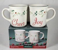 2 Pfaltzgraff Winterberry Christmas Coffee Mugs Cups Cheer Joy Stoneware NEW picture