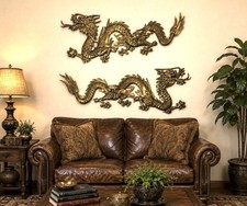 MCM Pair Dragon Brass Wall Hanging Figures 31” x 12” Large picture