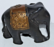 Vintage Hand Carved Wooden Elephant Figurine Brass Copper Overlay India Decor 4