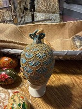 Alsan Victorian Aqua Blue Enamel Gold Gilt Pine Cone Egg Ornament with Stand picture