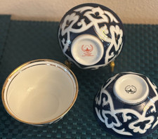 Set of 3 Uzbek Cobalt Blue and White Pakhta Tea Bowls with Gold Rims picture