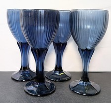 Vintage Fostoria Monet Dark Blue Cobalt Water Goblets Boxed Set 4 Optic Ribbed picture