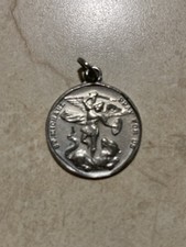 Vintage St Michael Pray for Us Sterling Silver Church Pendant Troy, NY 1873-1973 picture