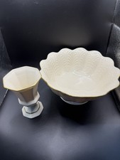 Lenox Fine Ivory China Gold Trim Bowl & Hexagonal Vase Set Lot of 2 USA picture