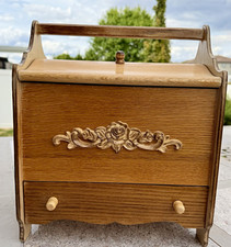 Vintage 1965 Wooden Storage Box w/ Lid Handle Drawer Rose Carvings picture