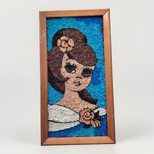 Vintage 60s MCM Mosaic Pebble Rock Gravel Wall Hanging Art Cute Girl 13x7 Framed picture