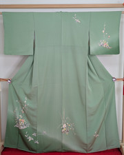 Japanese Kimono Silk Homongi Green Kyo-Yuzen Gold Dyed Floral Excellent XL Size picture