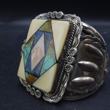 Vintage RAY DELGARITO Navajo TURQUOISE LAPIS MOP Channel Inlay CUFF BRACELET picture