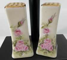 Antique Hand Painted Porcelain Salt Pepper Shakers Pink Roses Gold Gilt Signed picture