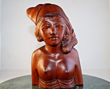 Vintage Balinese Hand-Carved Wood Nude Lady Bust Sculpture Indonesia Bali Art picture