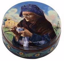 Vintage Tilgmans Sweden Art Pottery Trinket Box Hand-Painted Elderly Woman Scene picture