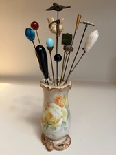 Antique Royal Bayreuth Bavaria hat pin holder with 12 antique hatpins picture