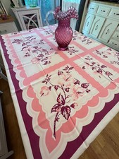 Vintage Tablecloth Maroon and Pink Hibiscus picture