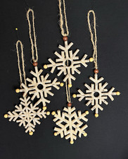 5 Birch Bark Christmas Snowflake Ornaments Rustic Woodlands Theme Beads on Ends picture