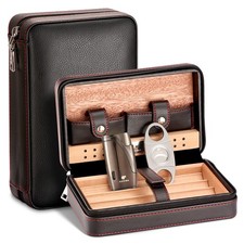 Galiner Travel Portable Leather Cigar Case Holder 4 Tubes Cigar Lighter Cutter picture