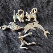 Vintage Sterling Silver Mini Charm Lot 5pc Cats Dolphin Fish Dancer 925 picture