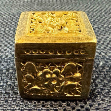 Small Gold-Tone Metal Filigree Ornate Hinged Square Trinket Box 1” picture