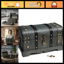 Lockable Wooden Treasure Chest Box with Tray, Keepsake Storage Trunk 11.8x7x7 in picture
