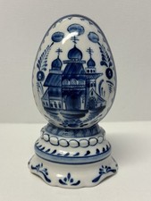 Vintage GHEZL Russian Porcelain Egg Figurine Signed Blue White Church Floral picture