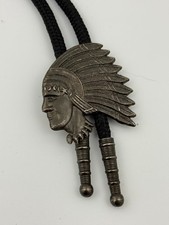 Vintage Bolo Tie Western Cowboy Southwest Ethnic Warrior Chief Silver Tone picture