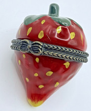 Red Strawberry Fruit Trinket Box Yellow Green Hinged Bow Clasp Kitchen 2” picture