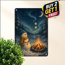 Snowman Marshmallow Campfire Metal Sign Starry Winter Night Decor Plaque picture