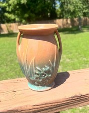 Vintage McCoy Pottery Matte Glaze Two-Handled Vase With Leaves And Berries Brown picture