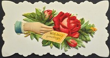 Victorian Embossed Hand with Roses Card With Love’s Greetings c1900 Die Cut picture