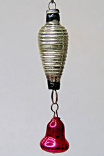 VTG Glass Ribbed LANTERN w BELL Mini Feather Tree Christmas Ornament Japan Silvr picture