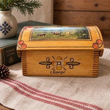 Vintage Norway Wooden Trinket Box Norge Scenic Folk Art Souvenir Made Norway picture