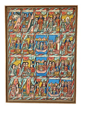 Vintage Ethiopian Orthodox Hand-Painted Ge'ez Biblical Panel 24x3 picture