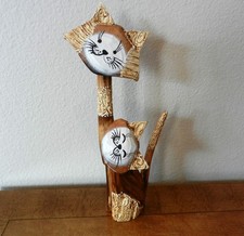 Carved Wooden Mama Kitty Cat and Baby Kitten Figure 10.5