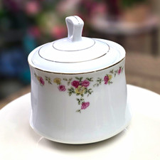Porcelain Floral Pink Roses Sugar Bowl w/ Lid White Green Gold Trim Round picture