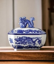 Festcool Classic Blue and White Ceramic Porcelain Jar Rectangle Canister, Sug... picture