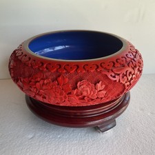 Vintage  Chinese Carved Cinnabar Bowl, Blue Enamel Lining, Brass Trim On Stand picture