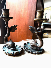19th C. Antique Bronze Flying Dolphin Candlesticks, Symbol of Protection picture