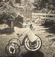 Vintage 1940 Cute Boy On Tricycle In Backyard Dated Kirstein’s Photo Scalloped picture