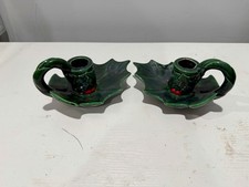 Pair of Vintage glossy green ceramic holly leaf finger-loop candlestick holders picture