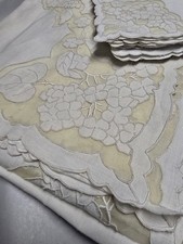 Vtg Fine White Linen Square Tablecloth & 5 Napkings Hydrangea Cutwork Organdy picture