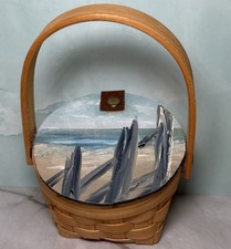 Bent Wood Sewing Basket Lid Handle Painted Nautical Beach Scene Cloth Lined 5” picture