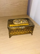 VINTAGE MATSON Ormolu Signed Filigree Floral Bird Glass Vanity  Gold Plated Box picture