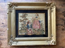 Nice Antique 18th 19th C Needlework Embroidered Young Couple folk art Framed picture