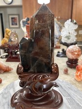 Natural Smokey Quartz double point Freeform with removable custom wood stand picture