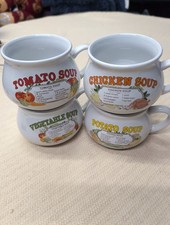 Vintage Set of 4 Ceramic Soup Mugs Chicken,Tomato,Potato &Vegetable Soup Recipes picture