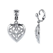 1928 Jewelry Filigree Heart Drop Clip On Earrings Silver Non Piercing Womens picture